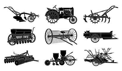 Obraz premium Vintage farm equipment collection antique tractors and agricultural machinery silhouettes