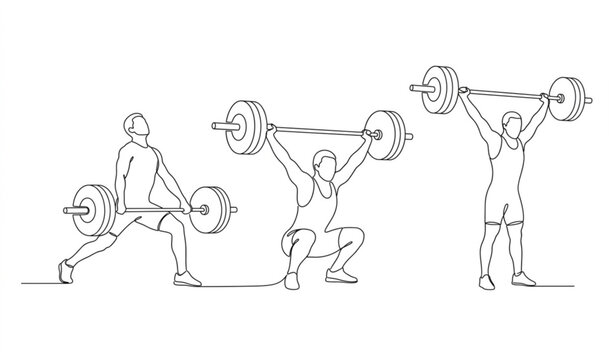 Weightlifting progression one line drawing of athlete completing a clean and jerk