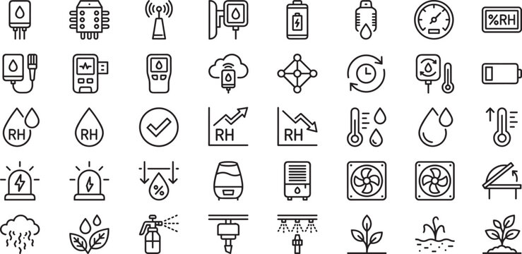 Smart Greenhouse Humidity and Climate Monitoring Line Icons Set for Agricultural Automation and Environmental Control