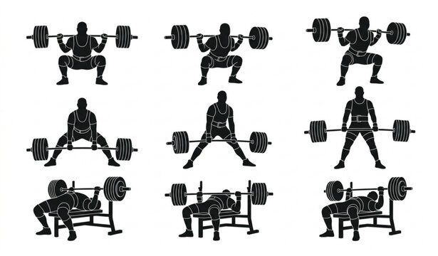 Weightlifting exercise set squats lunges and bench press silhouettes