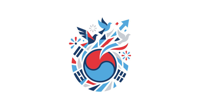Abstract artistic illustration featuring the South Korean flag symbol with flying birds and decorative elements.