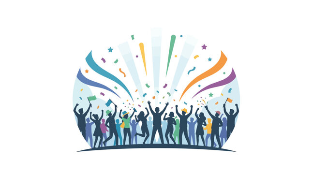 A diverse group of people celebrating with raised arms and colorful confetti.