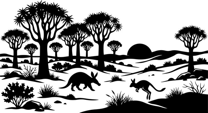 African Savanna Silhouette Scene &ndash; Dragon Blood Trees, Aardvark, Rabbit, Landscape Nature Icon