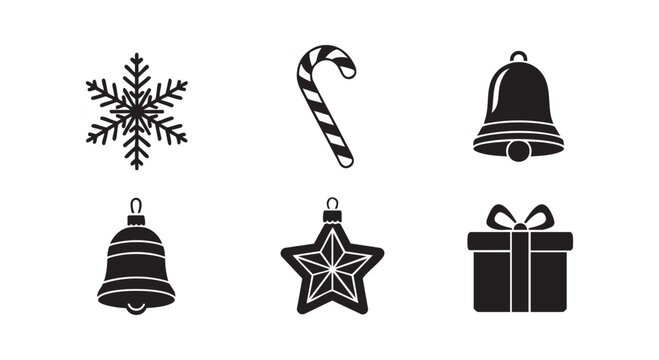 Christmas holiday decoration set featuring snowflake candy cane jingle bell star ornament and gift box silhouette icons.