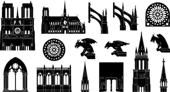 Gothic Cathedral Silhouette Icon Set &ndash; Notre Dame, Gargoyle, Rose Window, Church Tower, Medieval Architecture Icons