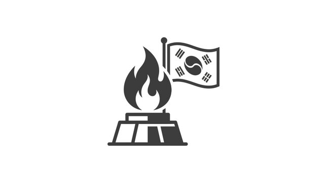 A minimalist black icon featuring a burning flame on a pedestal next to the South Korean flag.