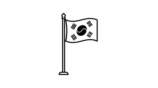 A simple black and white line art illustration of the South Korean flag on a flagpole.