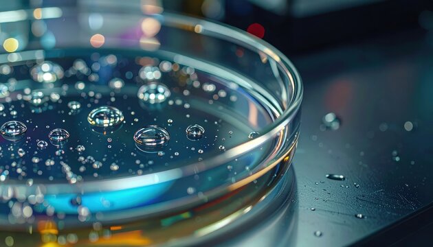 Shimmering liquid droplets coalescing on the smooth surface of a laboratory petri dish