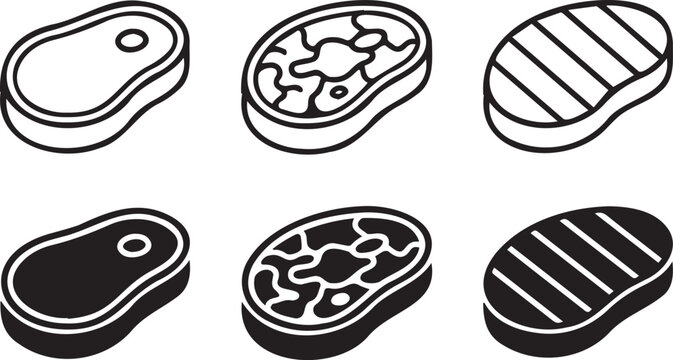 Minimalist vector graphic set featuring six distinct steak illustrations rendered in bold black and white outline and solid fill styles