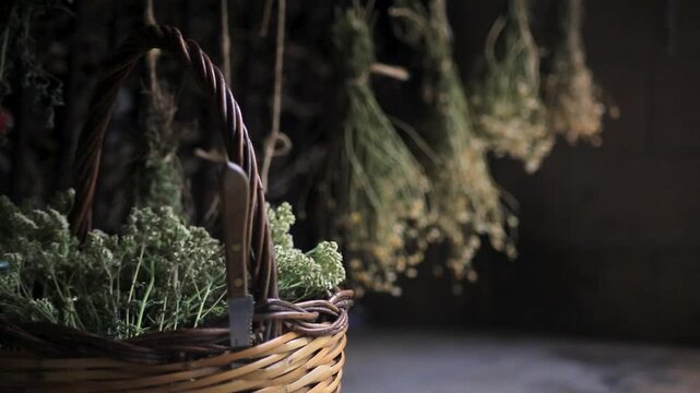 Fresh chamomile herbs in wicker basket with dried herb bundles hanging in background, swaying gently in breeze. Dark moody atmosphere, natural light, ungraded raw footage. Herbal medicine concept.