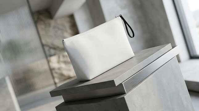 Blank white zipper pouch cosmetic bag mockup sitting on concrete pedestal display for branding and luxury retail