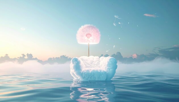 Surreal armchair made of fluffy white clouds hovering over gently rippling blue water, illuminated by a glowing pink dandelion lamp under a soft pastel sky, perfect for fantasy banner designs.