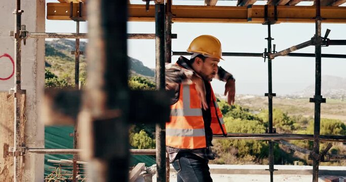 Construction, dancing or man on site with success, rhythm or groove with building milestone. Industrial, energy or engineer with scaffolding, project achievement or upbeat movement in celebration.