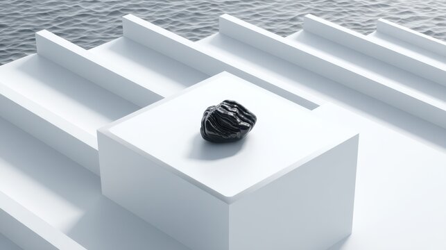Abstract Black Stone Sculpture on Minimalist White Platform Over Calm Water Surface in Bright Natural Light