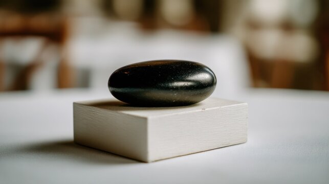 Smooth black stone resting on a neutral wooden base on a soft white tablecloth in a peaceful indoor setting