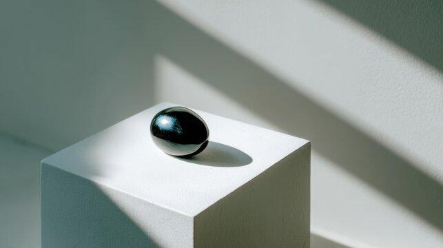 Elegant black egg resting on a white pedestal with soft shadows and natural light from window