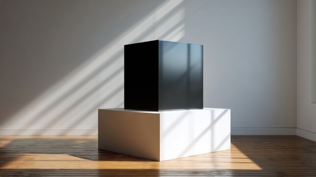 Minimalist Black Cube on White Pedestal in Sunlit Modern Interior Space with Wooden Floor and Shadows