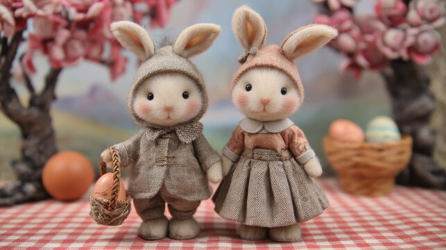 Charming Bunny Dolls in Springtime Setting with Cherry Blossom Trees and Easter Eggs in Cute Basket