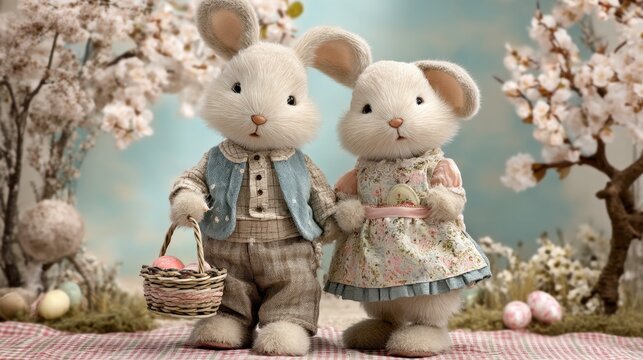 Charming Spring Scene with Adorable Bunny Characters Surrounded by Blossoming Trees and Decorative Easter Elements