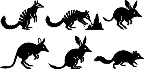 Obraz premium Exotic Wildlife Animal Black Silhouette Set Vector Nature Fox Rabbit Raccoon Illustration