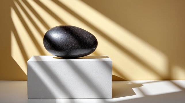 Black stone on white pedestal with shadows on yellow background creating a modern and minimalistic aesthetic