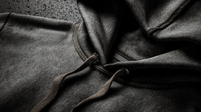 Close-Up of Dark Grey Hoodie With Laces and Textured Surface on Black Background for Fashion and Apparel Shots
