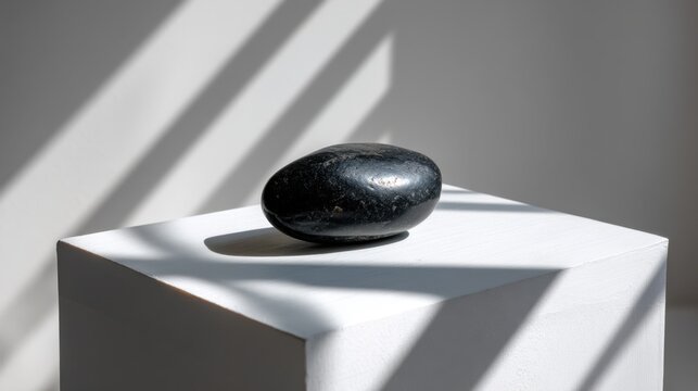 Black Smooth Stone on White Cube with Dramatic Shadows in Minimalist Interior Setting