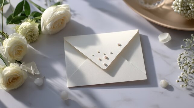 Elegant White Envelope with Decorative Stones Surrounded by Fresh White Roses and Delicate Flowers on Marble Surface