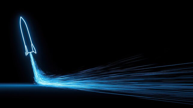 A neon blue rocket blasting off, leaving a trail of energy
