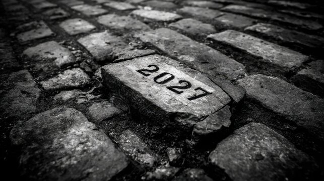 Vintage cobblestone street with engraved year 2027 showcasing urban architecture and historical charm in black and white