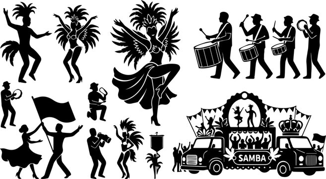 Brazilian Samba Carnival Dance Music Black Silhouette Set Vector Rio Festival Illustration