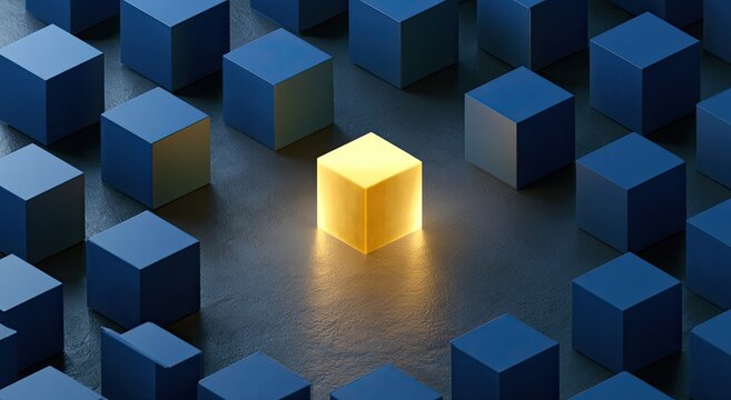 A single glowing golden cube stands out amidst a field of dark blue cubes