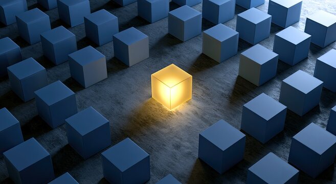 One glowing cube stands out amongst a grid of muted cubes
