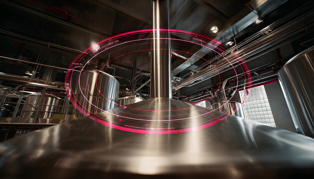 Panning camera showing large steel fermenter at brewery, graphics circling elbow