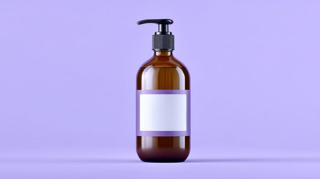 Elegant amber glass bottle with pump on soft purple background showcasing minimalist skincare product design