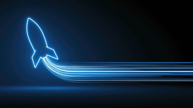 Neon rocket launching with bright blue light trails against a dark background