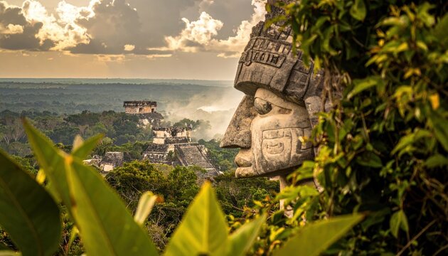 Majestic Olmec Colossal Stone Head Sculpture Overlooking Ancient Mayan Ruins Amidst Lush Jungle Canopy