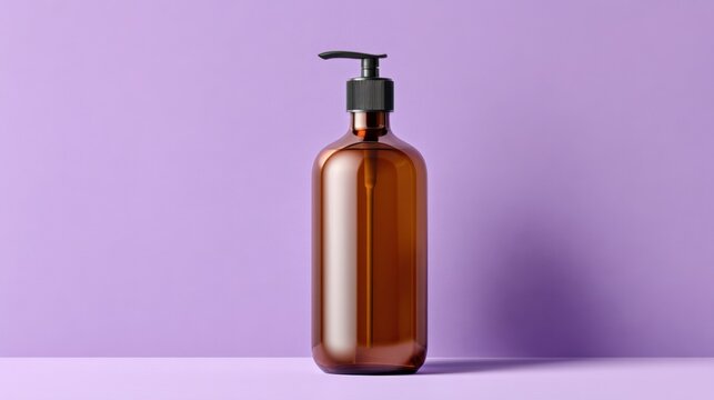 Elegant Amber Pump Bottle on Soft Purple Background for Skincare and Personal Care Product Display
