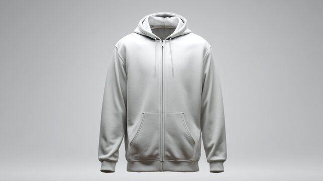 Front view of a plain white zip-up hoodie on a neutral background ideal for apparel or fashion projects
