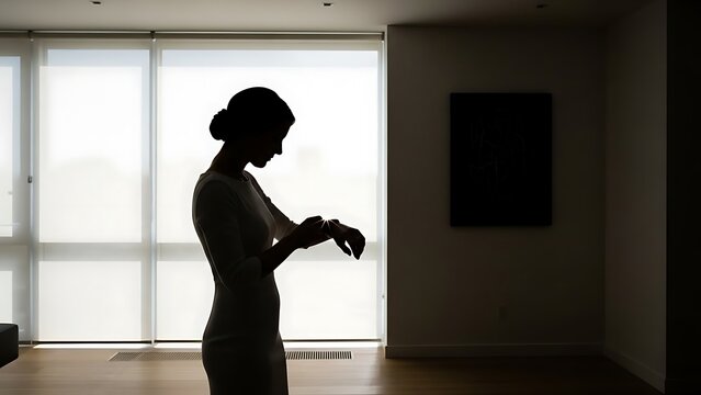 Elegant silhouette of a woman checking her watch by large bright window, minimalist interior, dramatic side lighting