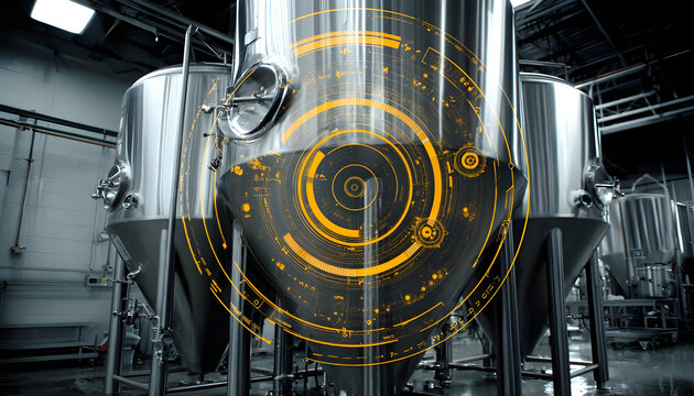 Panning camera showing large steel fermenter at brewery, graphics circling elbow