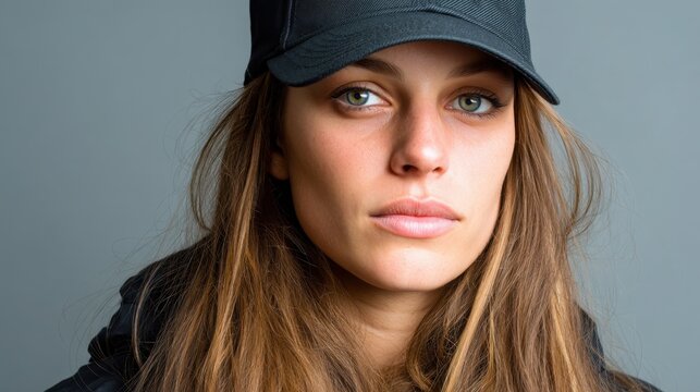 Young woman with long hair wearing black cap against neutral background, showcasing natural beauty and confidence