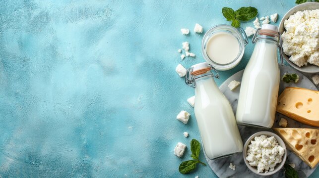 Fresh Dairy Products on Blue Background with Milk, Cheese, Cottage Cheese, and Mint Leaves for Healthy Eating
