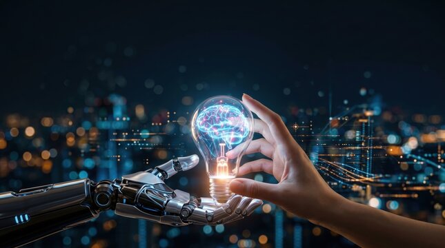 Innovative technology collaboration human and robot creating ideas urban cityscape night futuristic