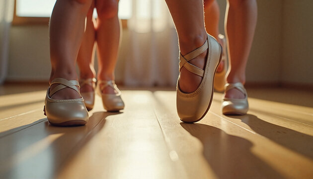 Children practicing choreography in ballet shoes during dance lesson against sunlit studio background with copy space,  a concept for organizing a child's free time away from school