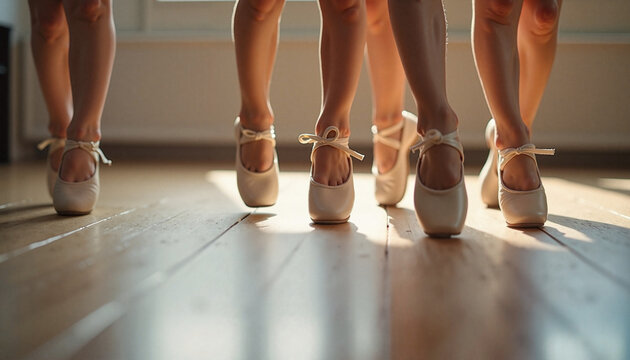 Children practicing choreography in ballet shoes during dance training against sunlit studio background with copy space, a concept for organizing a child's free time away from school