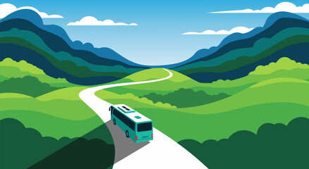 Obraz premium Scenic Journey A Serene Vector Illustration of a Bus Traveling on a Winding Road Through Green Hills