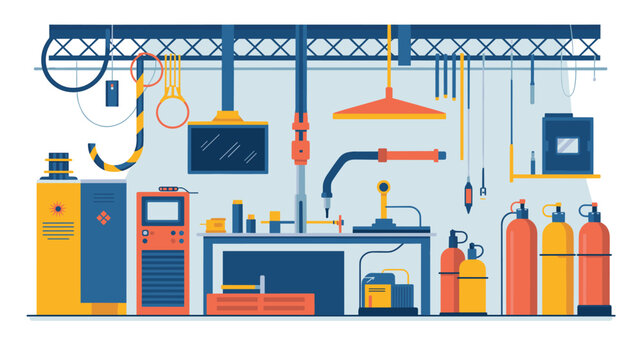 A welding workbench with hanging equipment, gas tanks, and a yellow machine sits in a well-organized, cool-toned industrial space with bright, minimalist aesthetics.