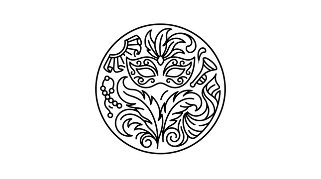 A circular line art illustration featuring a festive Mardi Gras mask with feathers and beads.