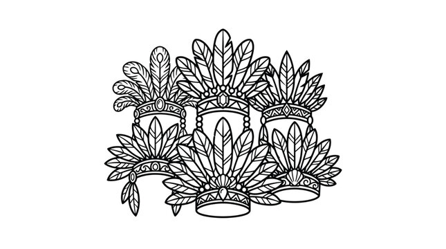 A collection of five detailed carnival feather headdresses in black and white line art.